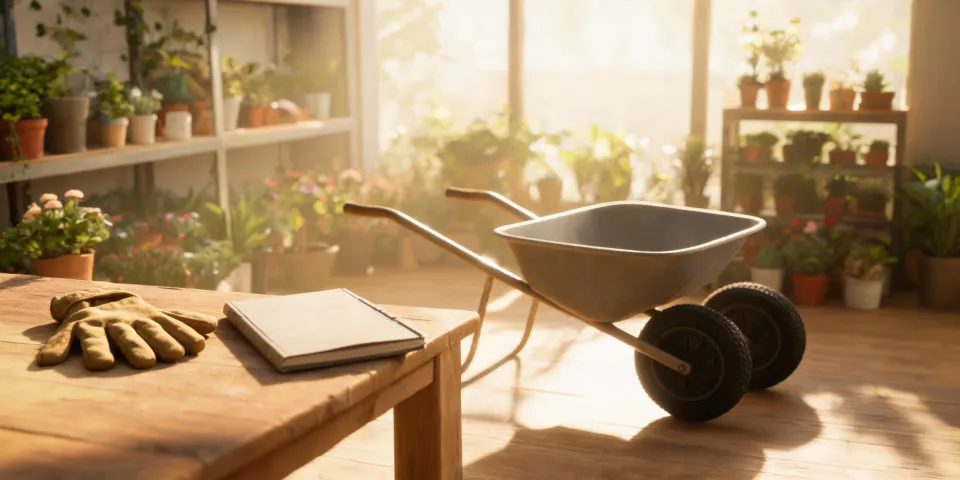 Wheelbarrow prepared beside nursery tools